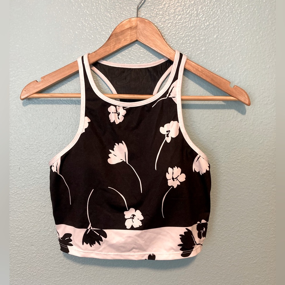 Black and white floral crop top/sports bra.